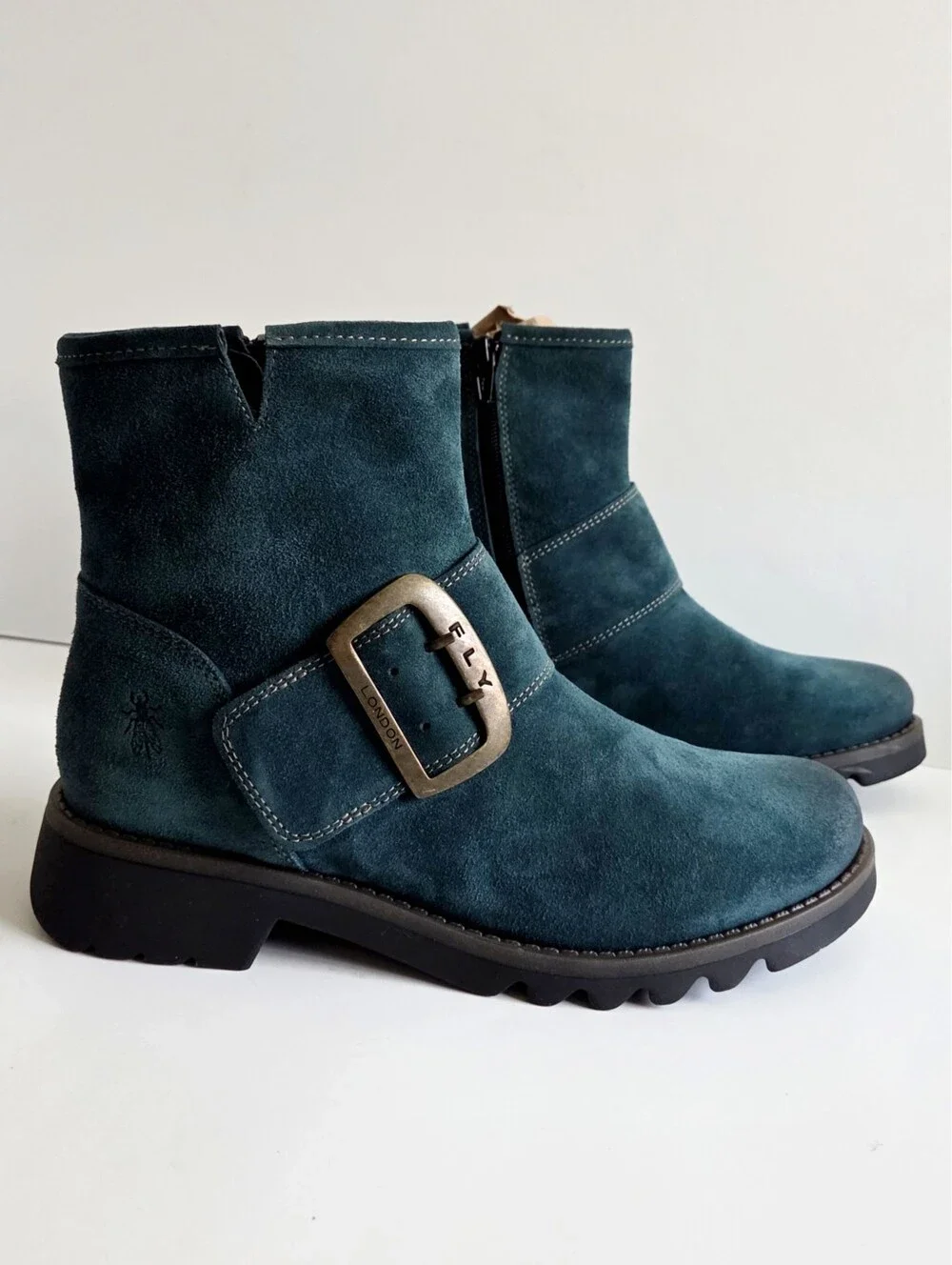 NWOT Fly London Rily Bootie "Oil Suede Petrol" / Teal, Big Buckle Sz 40, 9-9.5 - Picture 1 of 15
